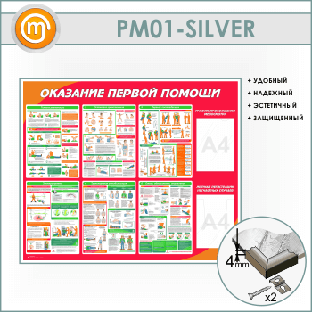 Стенд «Оказание первой помощи» с плоским и объемным карманами (PM-01-SILVER)