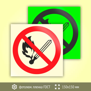 Знак P02 «Запрещается пользоваться открытым огнем и курить» (фотолюминесцентная пленка ГОСТ 34428-2018, 150х150 мм)