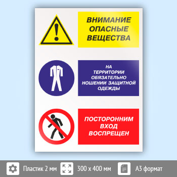 Знак «Внимание опасные вещества - на территории обязательно ношение защитной одежды, посторонним вход воспрещен», КЗ-15 (пластик, 300х400 мм)